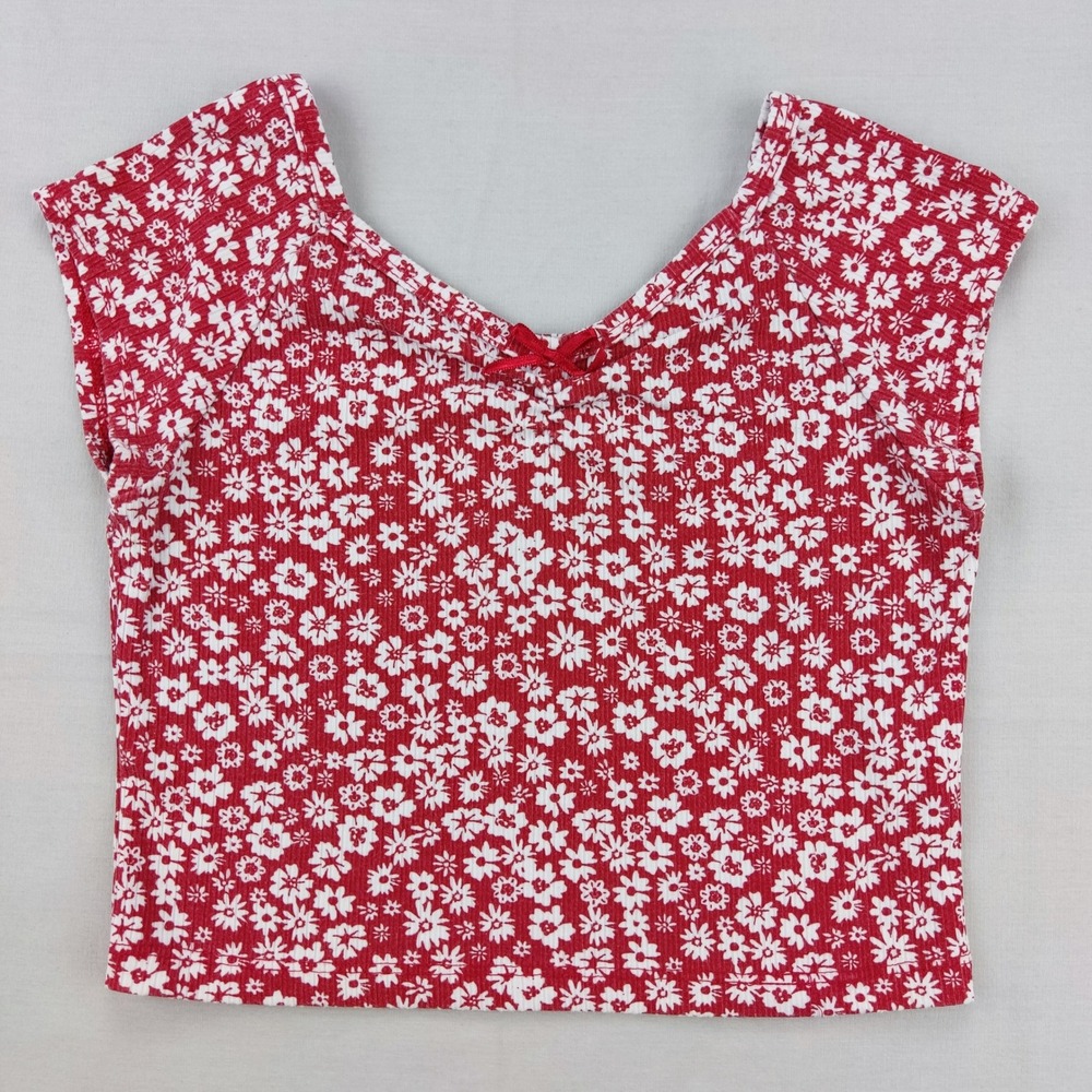 Wonder Nation‎ Top Girls XS 4-5 Red Floral Ribbed Knit V-Neck Bow Accent Tee